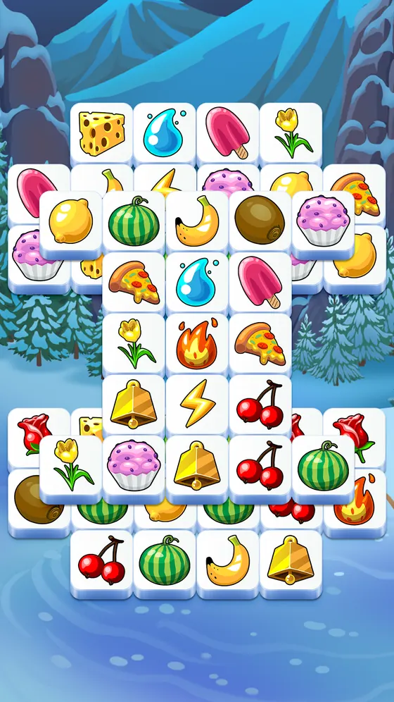 Tile Club level with a deep stack of fruit and object tiles