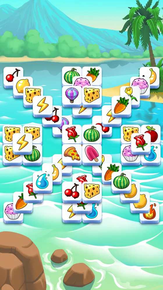 Tile Club level set on a beach with a cross-shaped tile layout